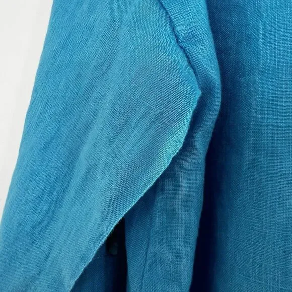 Magaschoni Turquoise Blue Button Up Shirt 100% Linen Boxy Women’s XS - Picture 5 of 9